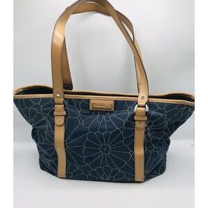 Tommy Hilfiger Blue Embroidered Flowers Print Tote Handbag Purse 15" X 10" X 5"
